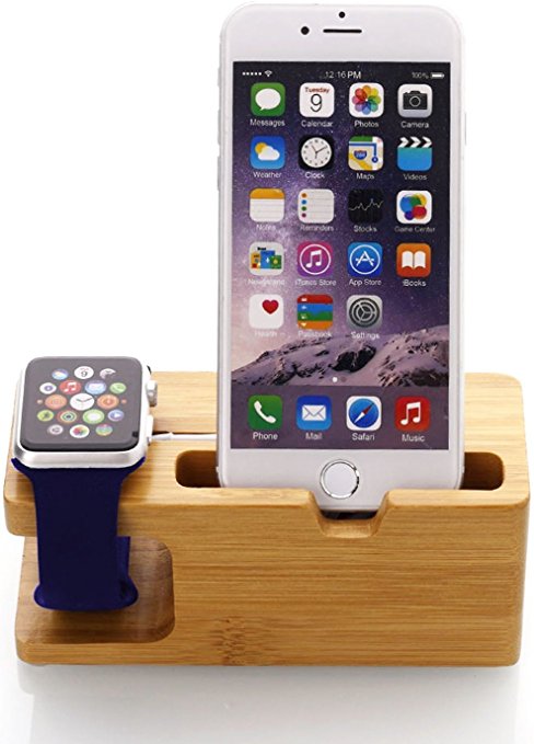 GPCT [100% Natural Bamboo] iWatch Wood Charging Stand/Stock Cradle Holder/Dock Nightstand Station [2 in 1] For Apple iPhone 7 Plus/7/6s/6/5S/5C/5/SE & Apple Watch Series 1 & 2, 38 MM/42MM Watch!