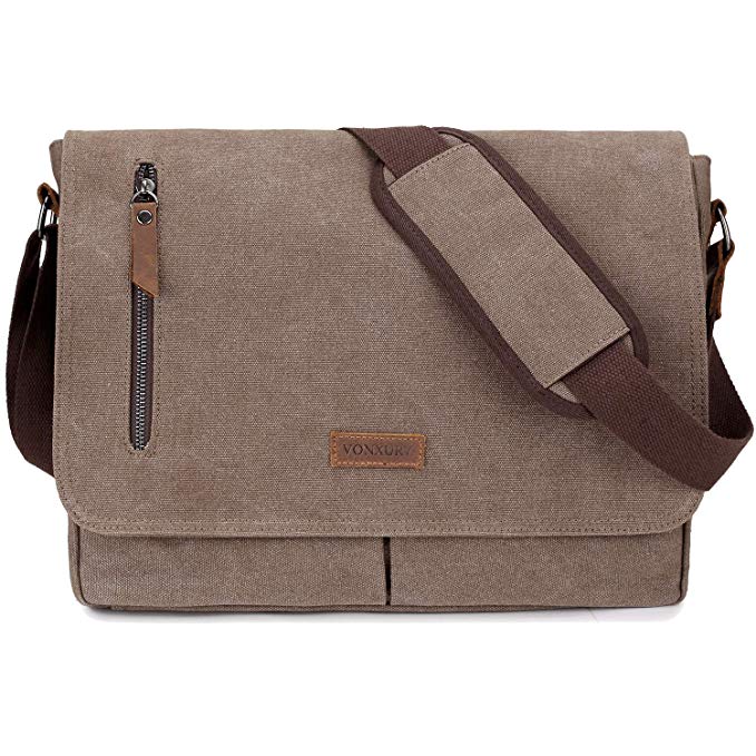 14 Inch Laptop Messenger Bag for Men and Women,Canvas Leather Shoulder Bag for Work School VONXURY