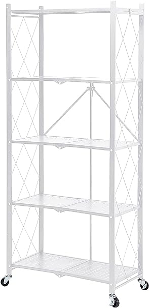 MagicFox Foldable Storage Shelf Unit on Wheels Large Capacity (No Assembly) Heavy Duty Steel 5-Shelving Organizer Rack for Kitchen, Garage and Laundry Bathroom Tool Organization(5 Tier (White)