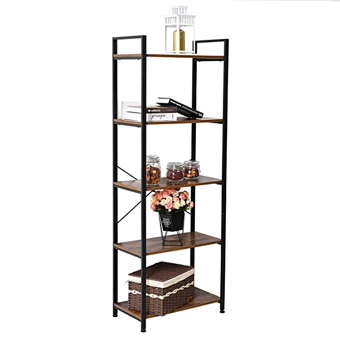IRONCK Bookshelf, 5-Tier Ladder Shelf 110lbs/shelf Vintage Industrial Style Bookcase for Home Decor, Office Decor