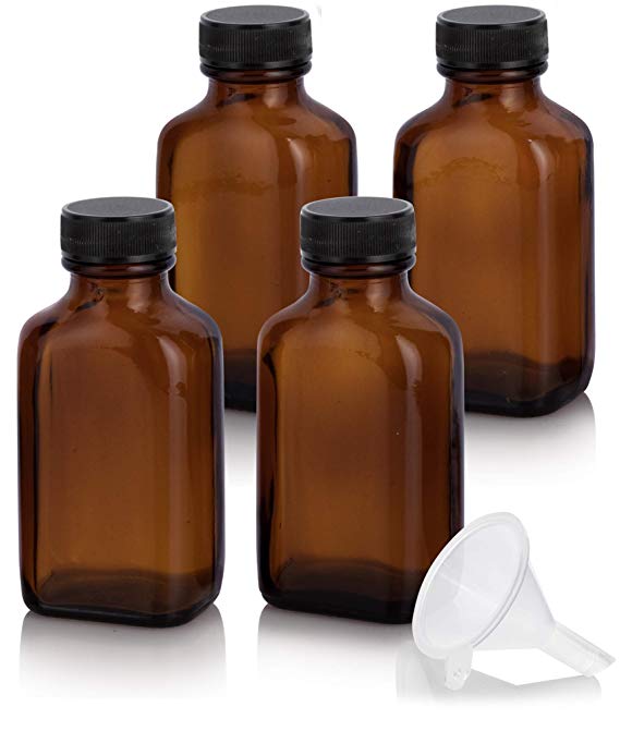 3 oz / 90 ml Amber Glass Rectangle Apothecary Bottle with Airtight Cap (4 PACK)   Funnel