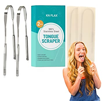 [2 pack] KN FLAX Tongue Scraper [Medical Grade] Reduce Bad Breath Maintains Oral Care 100% BPA Free Metal Tongue Scraper, Tongue Cleaner for Adults and Kids, Easy to Use with Non-Synthetic Handle