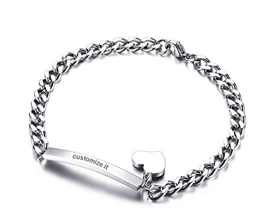 PJ Jewelry Free Engraving-Stainless Steel Thin ID Tag Chain Bracelets with Small Heart Charm for Women,7.8"