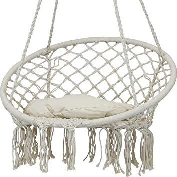 Sunnydaze Hammock Chair Bohemian Macrame Hanging Netted Swing with Seat Cushion and Tassels - Mounting Hardware Included - Indoor or Outdoor Use - Cotton Rope