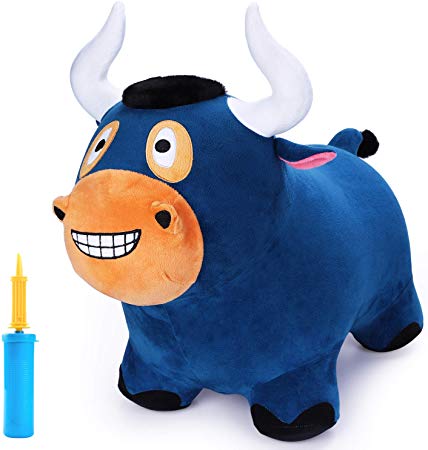 iPlay, iLearn Bouncy Bull Plush Riding Hopper Horse, Inflatable Hopping Farm Animals, Outdoor Ride on Toys, Toddler Bouncer Jumping Gifts with Pump for 3, 4, 5 Year Olds, Kids, Boys, Girls