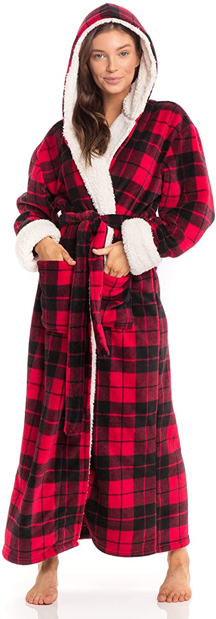 Alexander Del Rossa Women's Warm Fleece Robe with Hood, Long Plush Sherpa Bathrobe for Winter