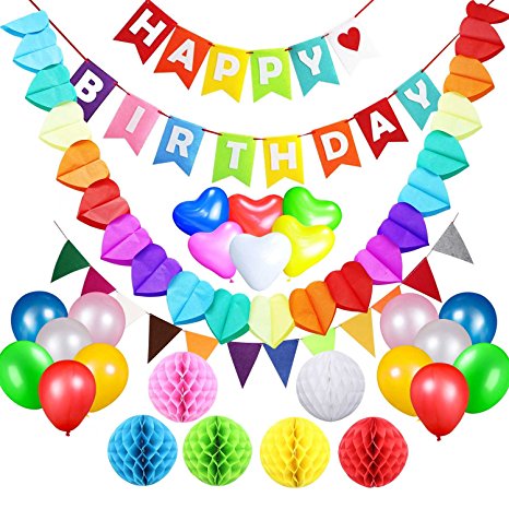 Birthday Party Decorations Supplies Favours, Acetek Happy Birthday Banner Flags 6 Colorful Tissue Paper Pompom Balls, 18 Balloons, Heart Garland for Birthday, Baby Shower, Bridal, Wedding