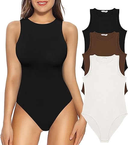 MANGOPOP Tank Top Body Suits Women Sexy Crew Neck Racerback Halter Ribbed Sleeveless Bodysuit for Women