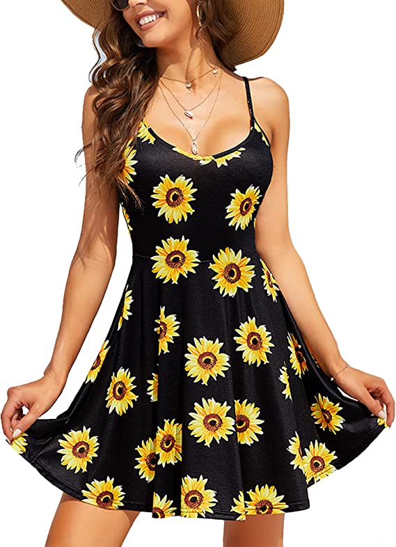 ACEVOG Women's 2023 Summer Dress Adjustable Spaghetti Strap Boho Floral Fit & Flare Beach Sundress