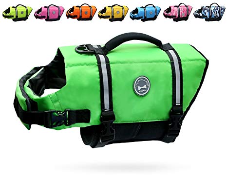 VIVAGLORY Dog Life Jacket Size Adjustable Dog Lifesaver Safety Reflective Vest Pet Life Preserver, Bright Green, Medium