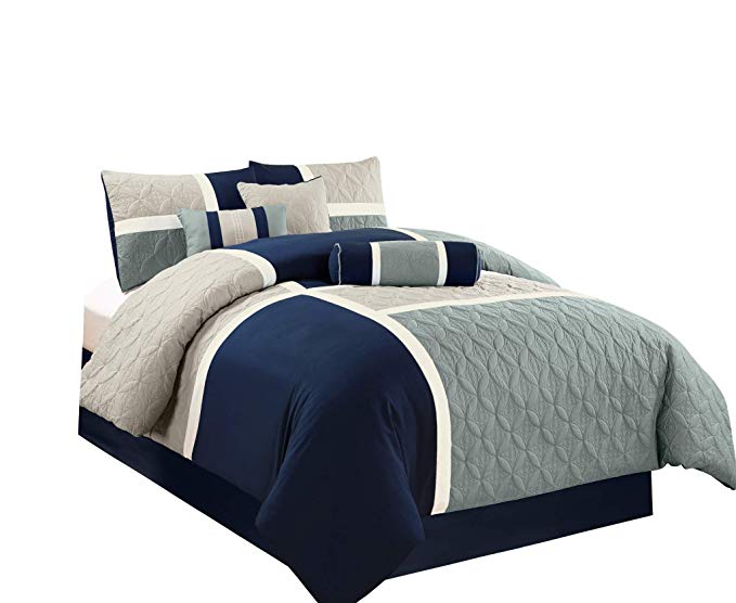Chezmoi Collection 7-Piece Quilted Patchwork Comforter Set, Full, Blue/Gray