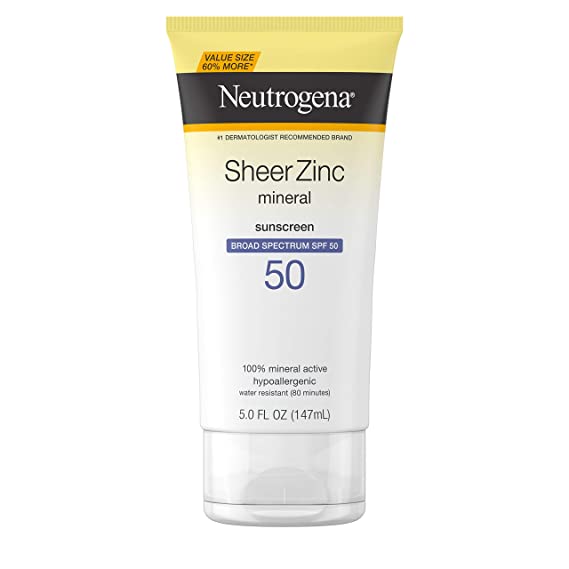 Neutrogena Sheer Zinc Oxide Dry-Touch Sunscreen Lotion with Broad Spectrum SPF 50, Water-Resistant, Hypoallergenic & Non-Greasy Mineral Sunscreen, Value-Size, 5 fl. oz