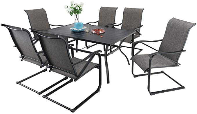 Sophia & William Patio Dining Set 7 Pieces, 6 x C Spring Motion Chairs with 1 Rectangular Metal Umbrella Table Outdoor Furniture Set for Lawn Garden Backyard