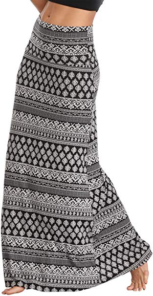 Urban CoCo Women's Stylish Spandex Comfy Fold-Over Flare Long Maxi Skirt