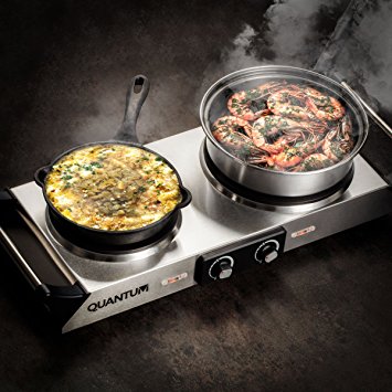FortheChef Double Stainless Steel Countertop Electric Burner with Handles, 1800W (900W per Burner)