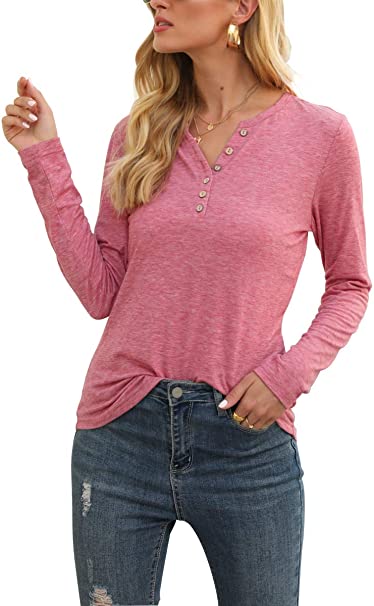 OLRAIN Womens Long Sleeve V-Neck Button Loose Casual Tunic Top Blouse T Shirts