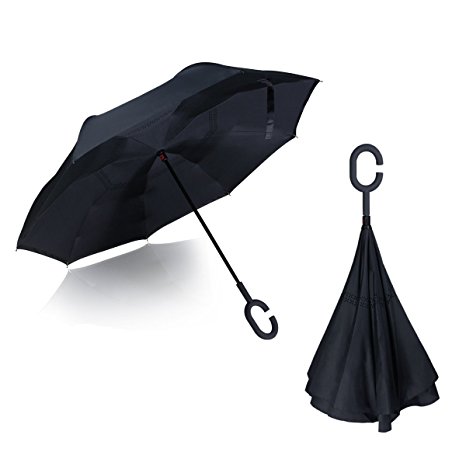 Hippih Inverted Umbrella Double Layer Windproof Protection Sun&Rain folding Umbrellas(Black), YS002