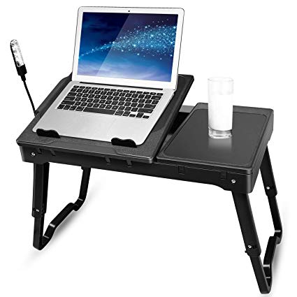TeqHome Foldable Laptop Table Adjustable Lap-desk Portable Notebook Stand Reading Holder Multifunctional Sofa Bed Breakfast Tray with Cooling Fan, Mouse Board, 4XUSB Ports, LED Lamp, Storage Groove