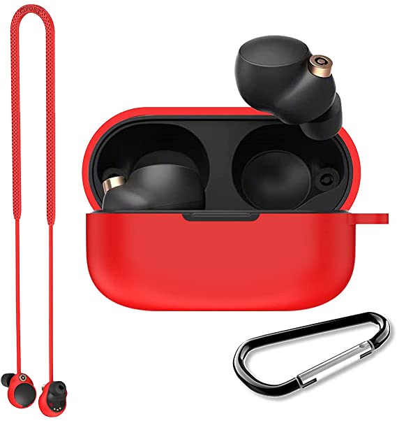 Alquar Cover Cases for Sony WF-1000XM4, Sillicone Case Durable Shockproof Drop Proof Full Body Protective Cover for Sony Wireless Earbuds Charging Case with Keychain/Anti-Lost Strap (3 in 1-Red)