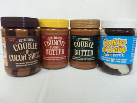 Trader Joe's Cookie Butter Combo 1) Speculoos Smooth Cookie Butter; 2) Speculoos Crunchy Cookie Butter; 3) Speculoos Cookie & Cocoa Swirl; 4) Cookies & Creme Cookie Butter (Total 4 Jars)