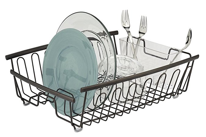 mDesign Kitchen Dish Drainer Rack for Drying Glasses, Silverware, Bowls, Plates - Bronze/Clear