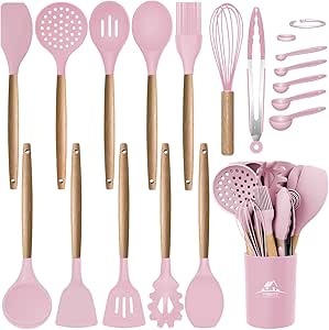 MIBOTE 17 Pcs Silicone Cooking Kitchen Utensils Set with Holder, Wooden Handles BPA Free Silicone Turner Tongs Spatula Spoon Kitchen Gadgets Utensil Set for Nonstick Cookware (Pinky)