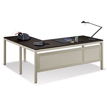 Espresso Wenge Reversible L-Desk 72"W with Brushed Nickel Modesty Panel Legs - At Work Collection