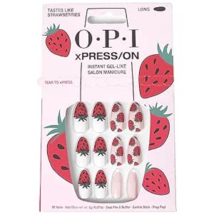 OPI xPress/ON Press On Nails, Up to 14 Days of Gel-Like Salon Manicure, Vegan, Sustainable Packaging, With Nail Glue, Long Strawberry Nail Art, Almond Shape, Tastes Like Strawberries