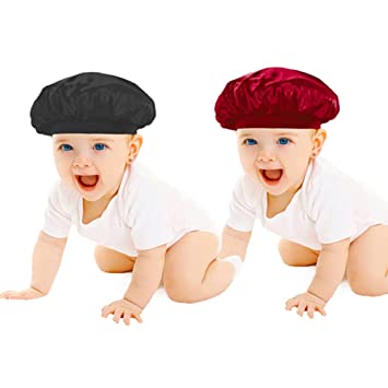 DuoZan 2 PACK Kids Satin Bonnets Night Sleeping Cap Wide Band Shower Cap Bath Hats for Baby Children Toddler (Black Wine)
