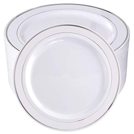 BUCLA 100Pieces Silver Plastic Plates-10.25inch Silver Rim Disposable Dinner Plates-Ideal for Weddings& Parties