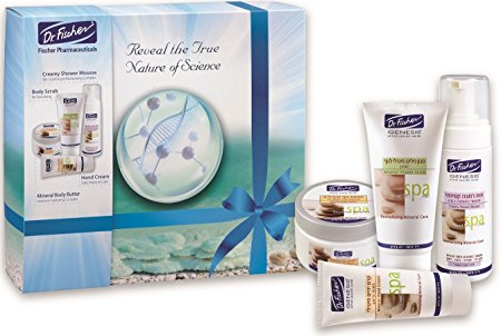Beauty Gift Set by Dr Fischer- Spa Dead Sea Basket- Genesis Minerals Body Complete Treatment Kit - 4 in 1- Creamy Shower Mousse   Body Butter   Moisturizing Hand Cream   Mineral Shower Scrub.