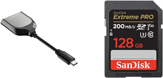 SanDisk Extreme PRO SD UHS-II USB-C Reader - SDDR-409-G46 & 128GB Extreme PRO SDXC UHS-I Memory Card - C10, U3, V30, 4K UHD, SD Card - SDSDXXD-128G-GN4IN