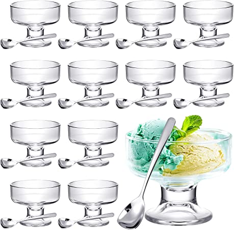 20 Pcs Glass Ice Cream Bowls Set Include 10 Pcs 9 oz Crystal Dessert Bowls and 10 Pcs Stainless Steel Spoons Clear Trifle Dish Parfait Glasses Footed Glass Dessert Cups for Serving Fruit Sundae Snack