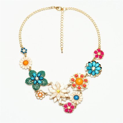 Colorful Flower Beaded Festoon Lavalier Y Bib Choker Collar 18K Gold Necklace