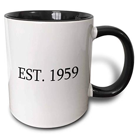 3dRose InspirationzStore Typography - Est. 1959 - Established in 1959 - Personal birth year. Personalized year you were born - black text - 15oz Two-Tone Black Mug (mug_161357_9)