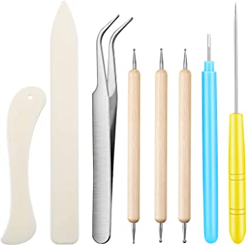 8 Pieces Craft Tools, Include 2 Piece Bone Folder Paper Creaser 3 Pieces Double Head Indentation Pens with Sugar Stir Needle Quilling Needle Pen and Tweezers for Card Making Scrapbooking Bookbinding