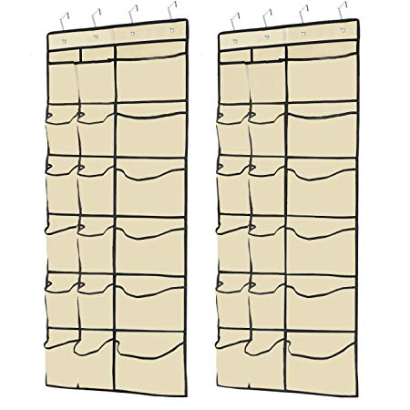 Kootek 2 Pack Over The Door Shoe Organizers, 12 Mesh Pockets   6 Large Mesh Storage Various Compartments Hanging Shoe Organizer with 8 Hooks Shoes Holder for Closet Bedroom, Beige (59 x 21.6 inch)