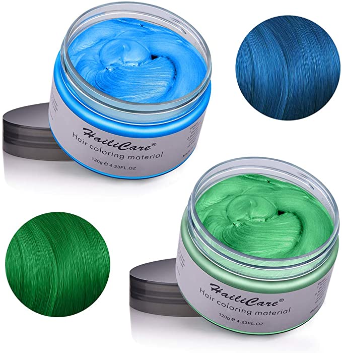 2x120g Temporary Hair Colour Wax, Instant Hair Dye Wax Hair Styling Pomades, Hair Colouring Modeling Wax Create Natural Hairstyle for Men Women Kids Party Cosplay Halloween- (Blue & Green)