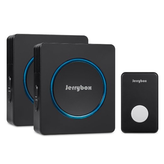 Wireless Doorbell, Jerrybox DT52 Waterproof Door Bell Chime Kit, 48 Melodies, 1000ft / 300m Range, 1 Push Button & 2 Plug-in Receivers, Black with LED Flash Light