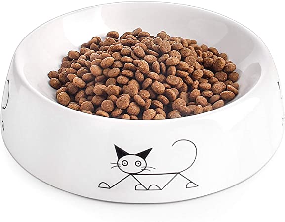 Y YHY Ceramic Cat Food Bowl, Whisker Friendly, Wide Shallow Cat Food Dish, Non Slip Cat Bowls, Stylish Pattern, White