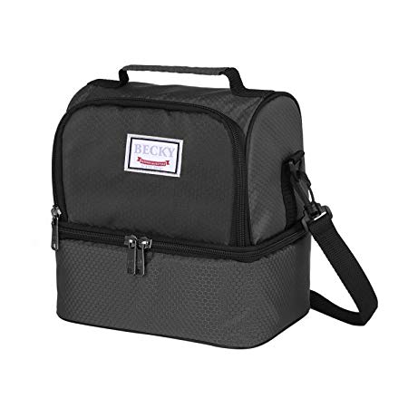 Lunch Box Insulated Lunch Bag for Men & Women, Waterproof Large Coole Tote Bag for Work/School/Picnic with Double Deck Spacious Compartments Detachable Shoulder Strap (Black)