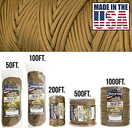 TOUGH-GRID 750lb Paracord/Parachute Cord - Genuine Mil Spec Type IV 750lb Paracord Used by the US Military (MIl-C-5040-H) - 100% Nylon - Made In The USA.