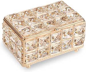 Hipiwe Crystal Jewelry Trinket Box with Lid Gold Mirrored Treasure Organizer Box Ring Holder Keepsake Box Decorative Jewelry Box Christmas Birthday Gift for Women Girls