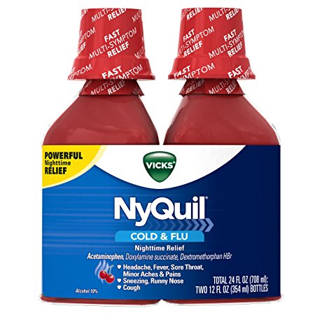 Vicks NyQuil Cough Cold and Flu Nighttime Relief, Cherry Liquid, 2x12 Fl Oz