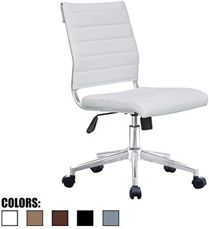 2xhome Modern Ergonomic Executive Mid Back PU Leather No Arms Rest Tilt Adjustable Height Wheels Cushion Lumbar Support Swivel Office Chair Conference Room Home Task Desk Armless… (White)