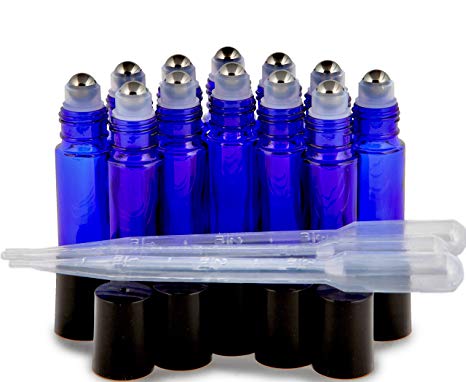 Vivaplex, 12, Cobalt Blue, 10 ml Glass Roll-on Bottles with Stainless Steel Roller Balls. 3-3 ml Droppers included