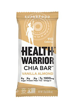 Health Warrior Chia Bars, Vanilla Almond, Superfood Snack, 110 Calories, 1060mg Omega-3s, 4g Sugar, 4g Fiber, Gluten Free, Vegan, 15 count, Net Wt. 13.2 Oz