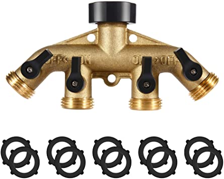 IPOW Solid Brass Body Backyard 4 Way Y Valve Garden Hose Connector Splitter Adapter   Extra 10 Rubber Hose Washers with Comfort Grip