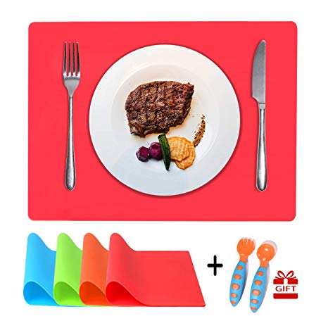 Silicone Toddler Placemats for Dining Table (16 x 12 Inches), Multi Color Kids Silicone Placemats Reusable, Plus Spoon & Fork, Non Slip, Waterproof, Easy to Clean, Set of 4
