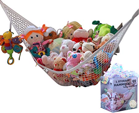 MiniOwls Toy Storage Hammock - Premium Net for Stuffed Plush Animals. Decorative Corner Organizer for Kids Room & Playroom Organization (White,Large)